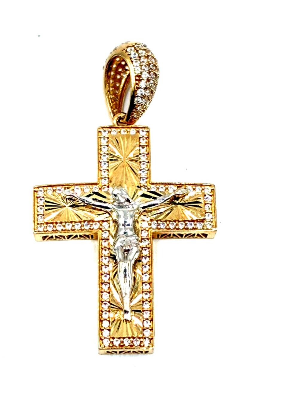 14k Two- Tone Crucifix Pendant, Yellow and White Gold  Cross Charm